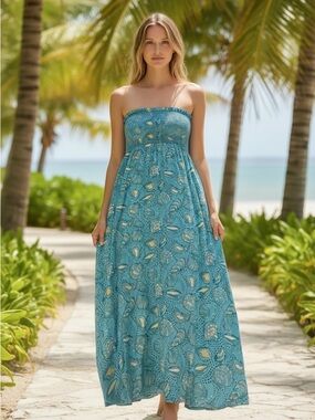 Lilly Pulitzer Smocked Strapless Blue Seashell Maxi Dress Size M Stretchy Cotto